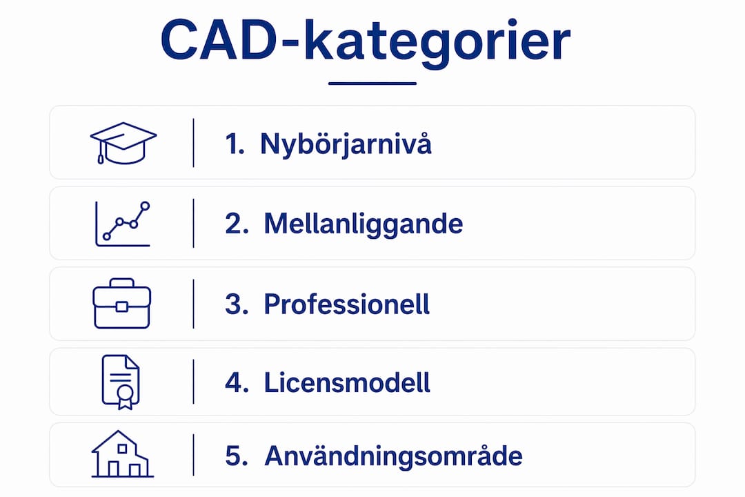 En överskådlig grafisk presentation som visar olika typer av CAD-program och deras användningsområden.