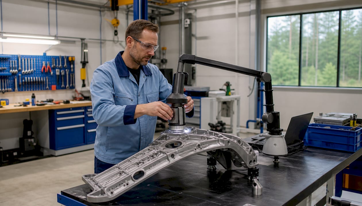 En ingenjör arbetar med Scanologys 3D-skanner ute i fabriken.
