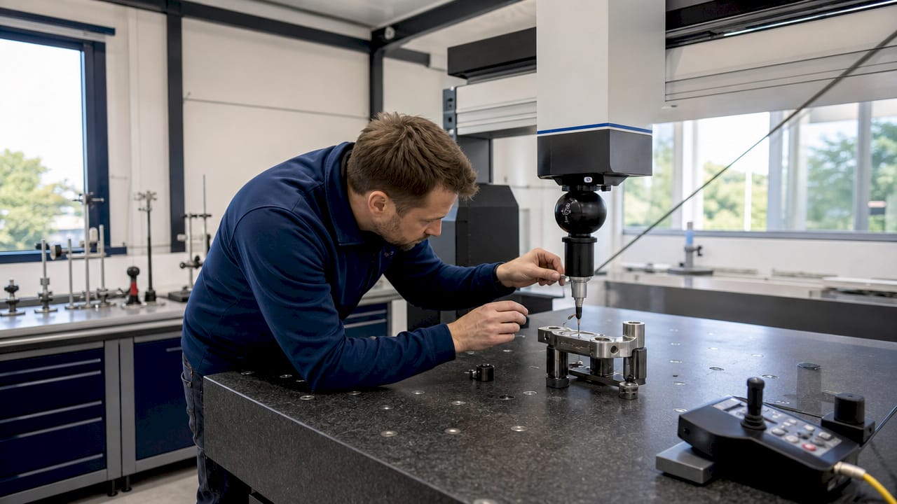 En tekniker finjusterar en koordinatmätmaskin ute på fabriken.