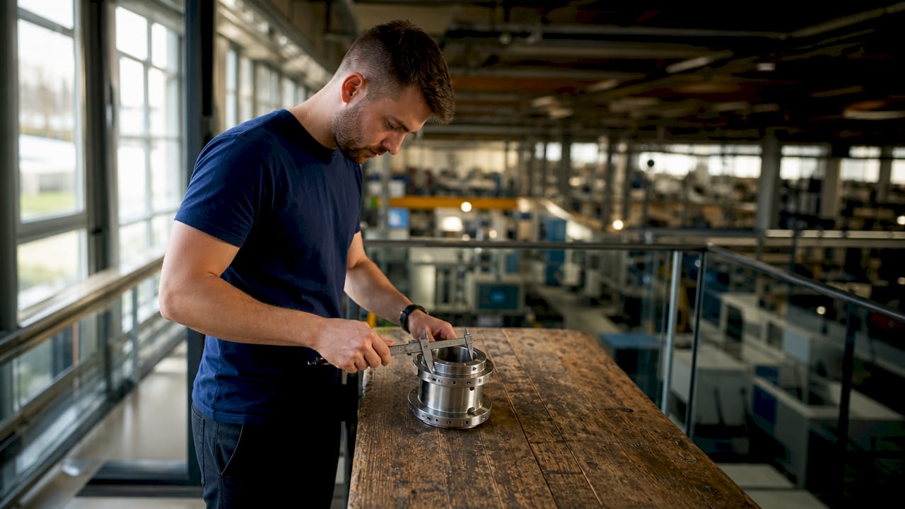 En medarbetare genomför kvalitetskontroll på fabriken.