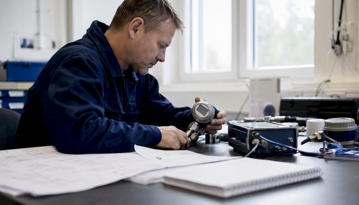 En tekniker undersöker och felsöker mätutrustning vid sitt arbetsbord.
