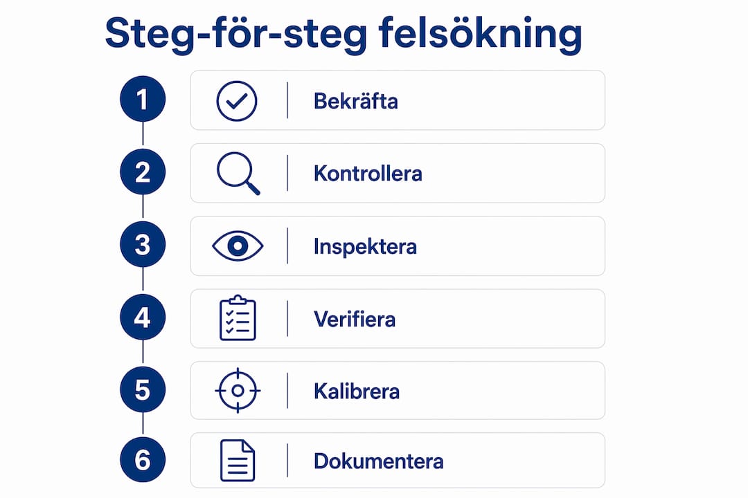 Illustration som visar en tydlig och enkel felsökningsguide för mätteknik, steg för steg.