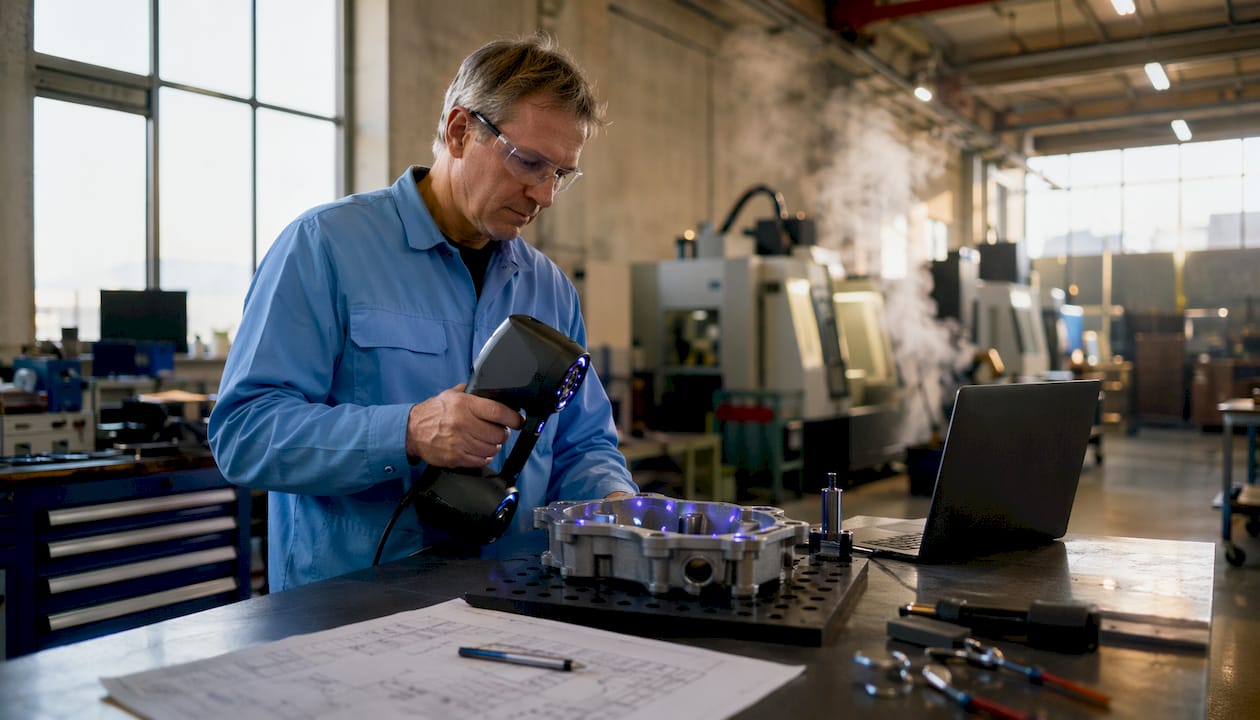 En industrimedarbetare skannar objekt med en bärbar 3D-skanner ute på fabriken.