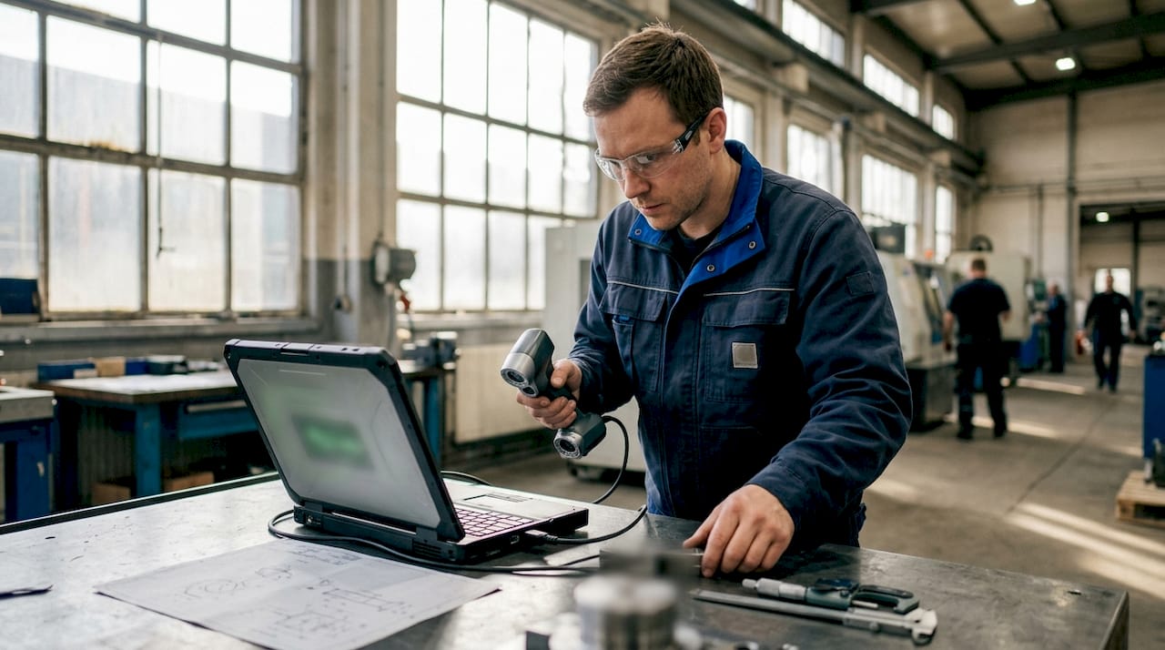 En ingenjör jobbar med en 3D-skanner ute på fabriken.