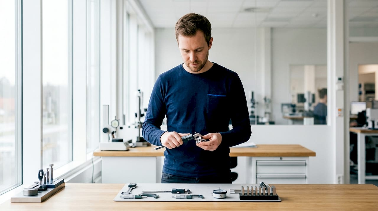 En tekniker står i verkstaden och kontrollerar måtten på en metallbit med ett digitalt skjutmått.