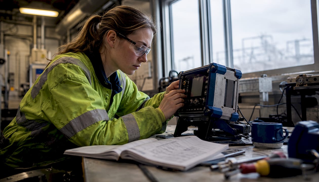 En tekniker justerar och kalibrerar ett mätinstrument inomhus.