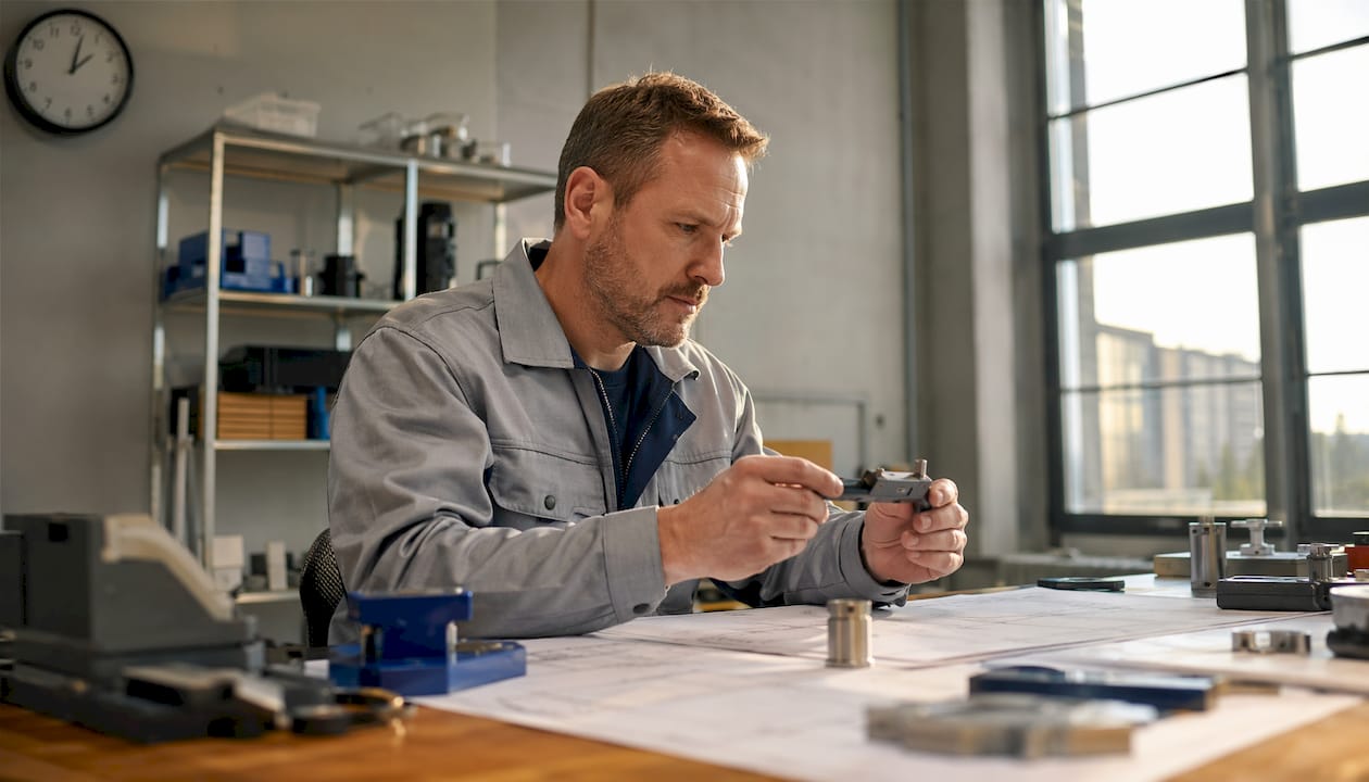 En tekniker utför en noggrann kontroll av ett industriellt mätinstrument.