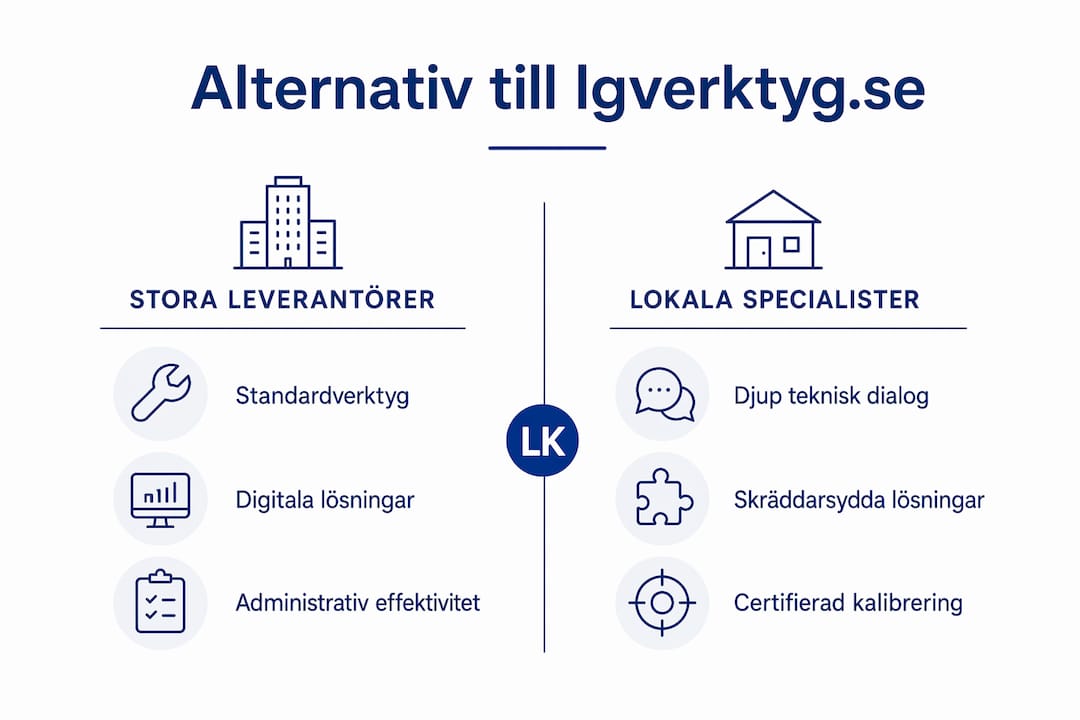 En grafisk översikt som visar skillnader och fördelar mellan de stora aktörerna och de lokala experterna inom industriell mätteknik.
