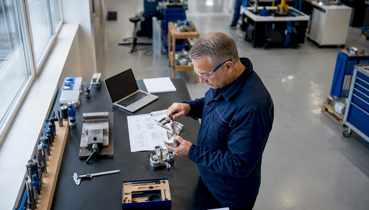 En mättekniker på fabriken undersöker en komponent