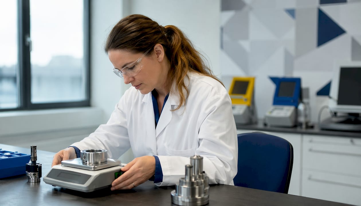 Ett par händer justerar den digitala vågen i laboratoriet