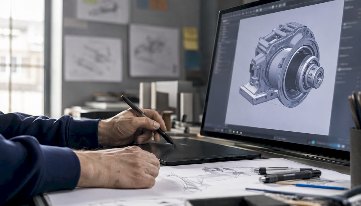 Händer som skissar fram en CAD-modell på en digital ritplatta