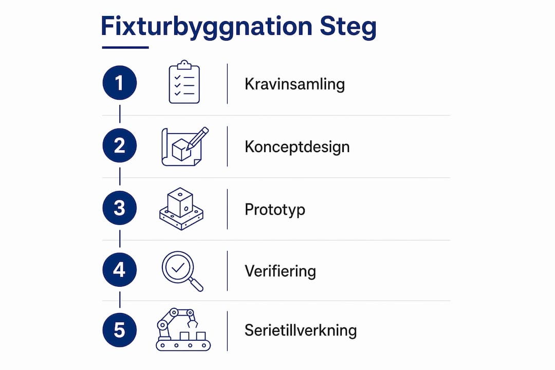 Illustration som visar de fem stegen när man bygger en fixtur