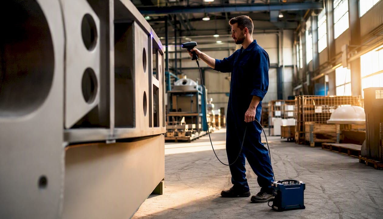 En ingenjör utför mätningar med laser i en industrimiljö.