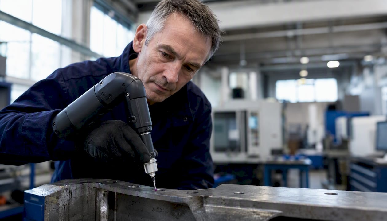En tekniker undersöker en metalldel med ett bärbart mätinstrument.