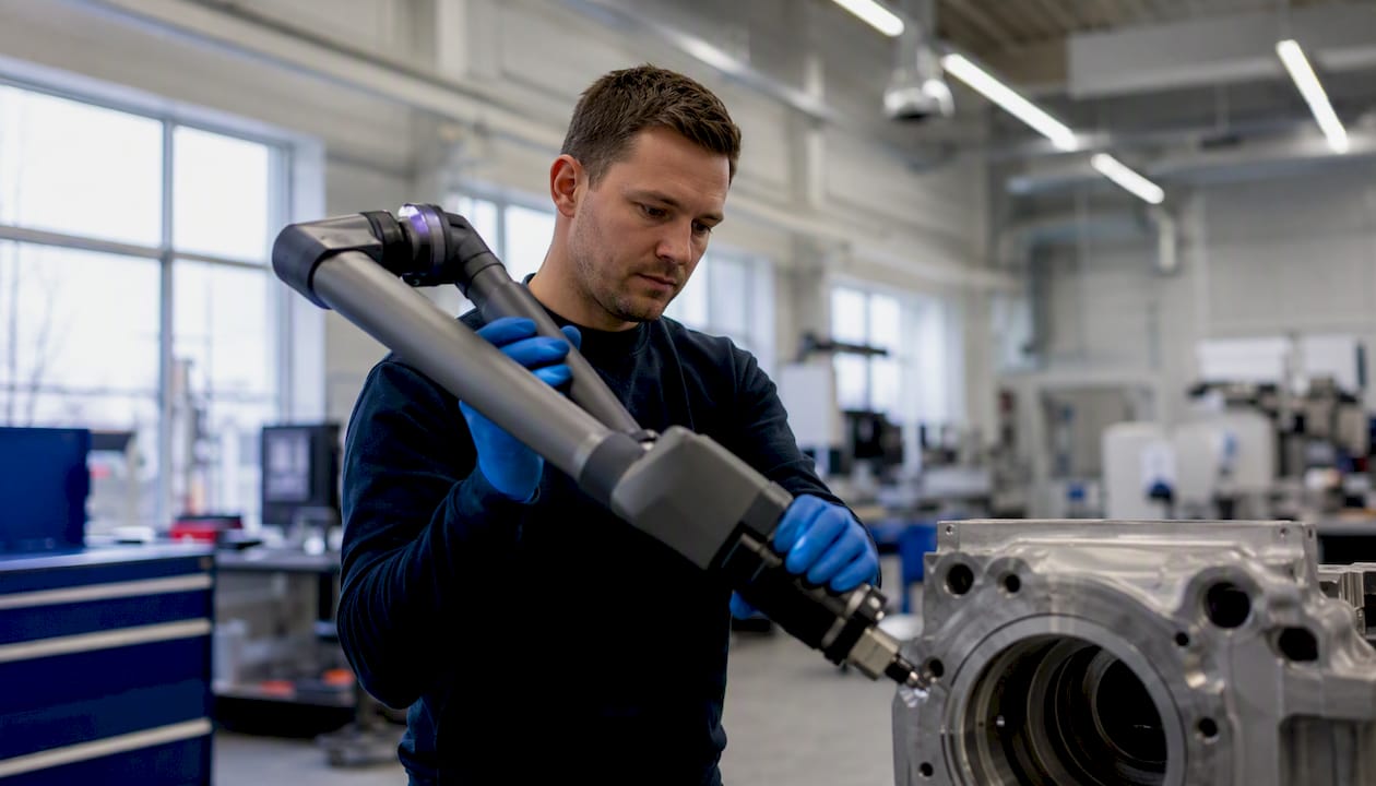 En tekniker arbetar med en portabel 3D-skanner ute på fabriken.