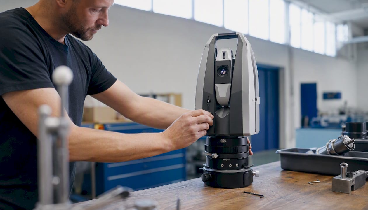Tekniker finjusterar lasertracker-verktyg