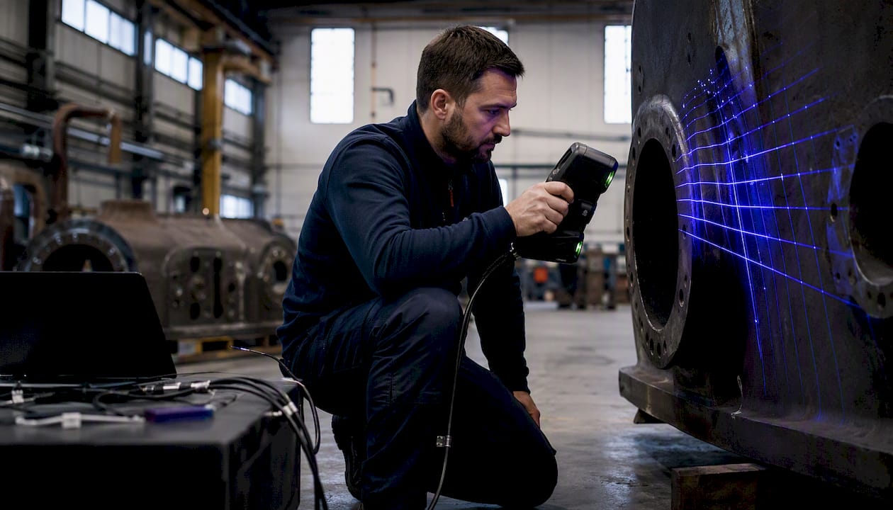 En tekniker undersöker ett stort industriföremål med hjälp av avancerad scanningutrustning.