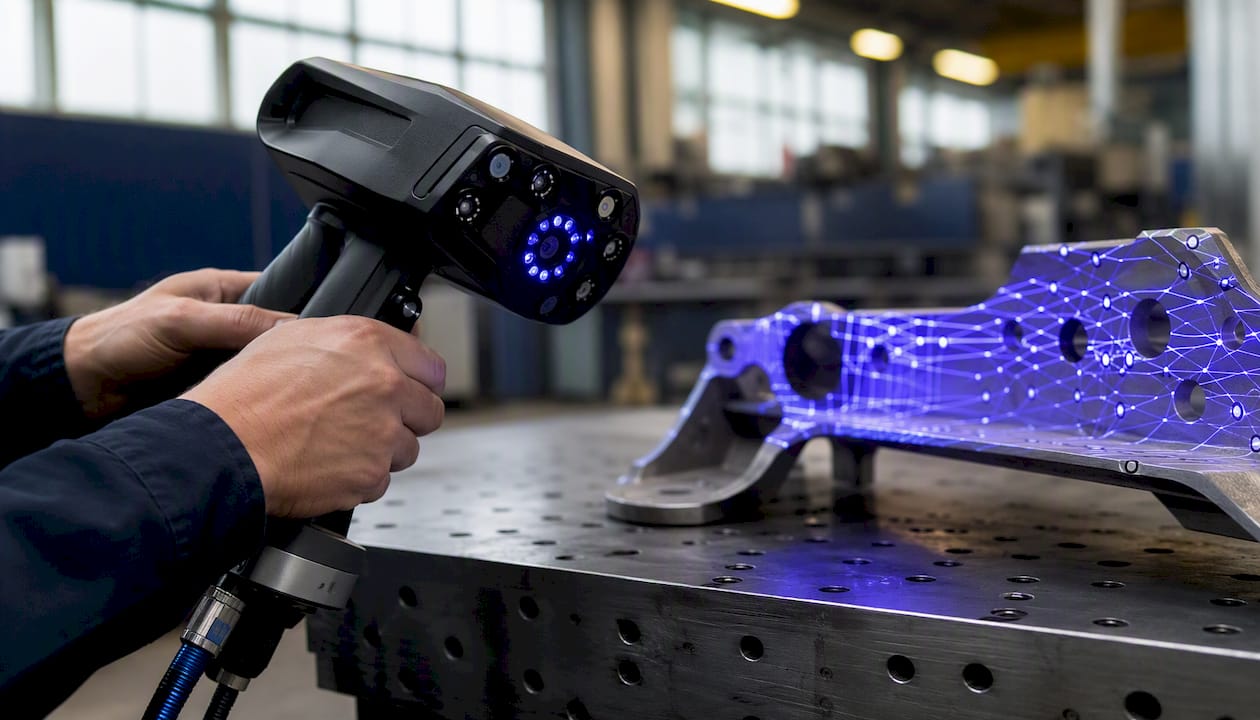 Närbild på en handhållen 3D-scanner i bruk ute på fabriksgolvet.