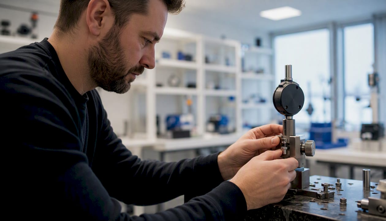 En tekniker justerar och fininställer ett mätinstrument.