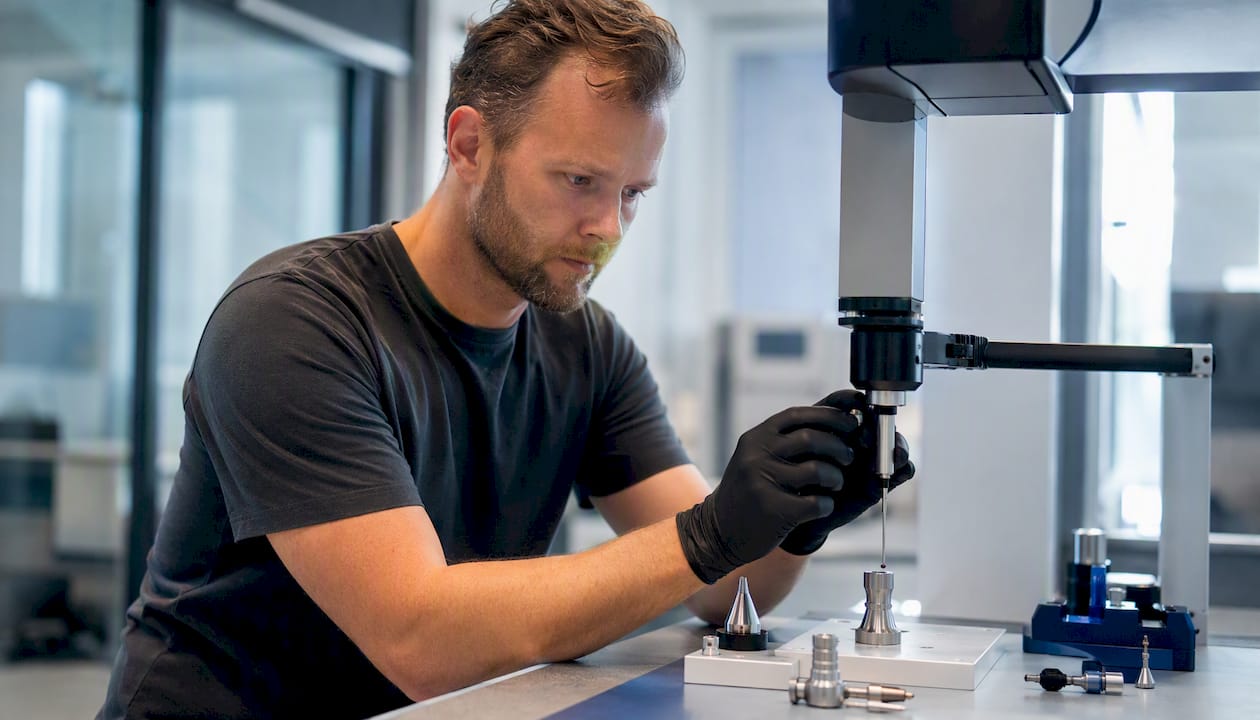 Händer som justerar och kalibrerar ett mätspets på en koordinatmätmaskin