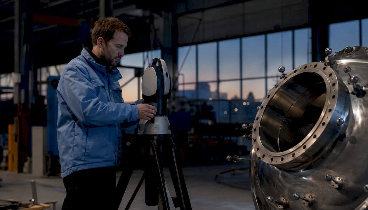 En tekniker justerar och fininställer en industriell lasertracker.