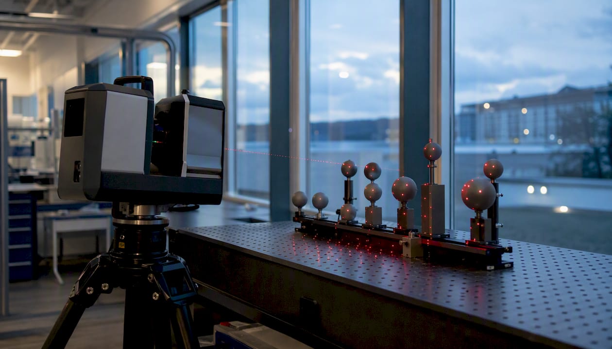 Laserskannern projicerar punkter på referenskulor.