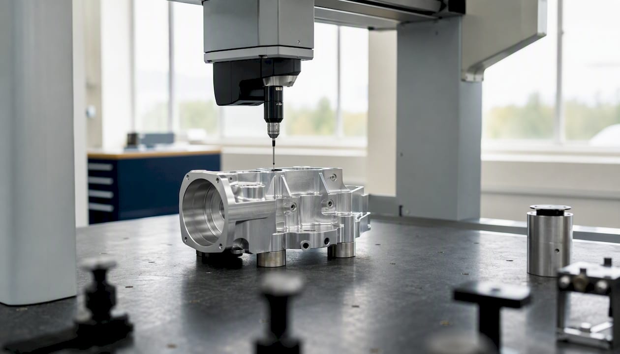 En mätsond från en CMM-maskin undersöker en stor metallkomponent.