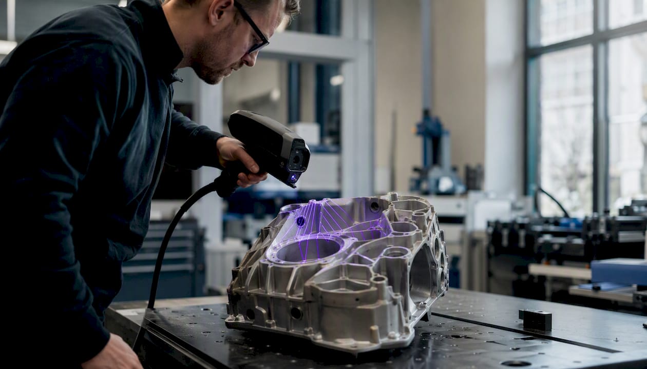 En handhållen 3D-skanner används för att scanna en metalldel.