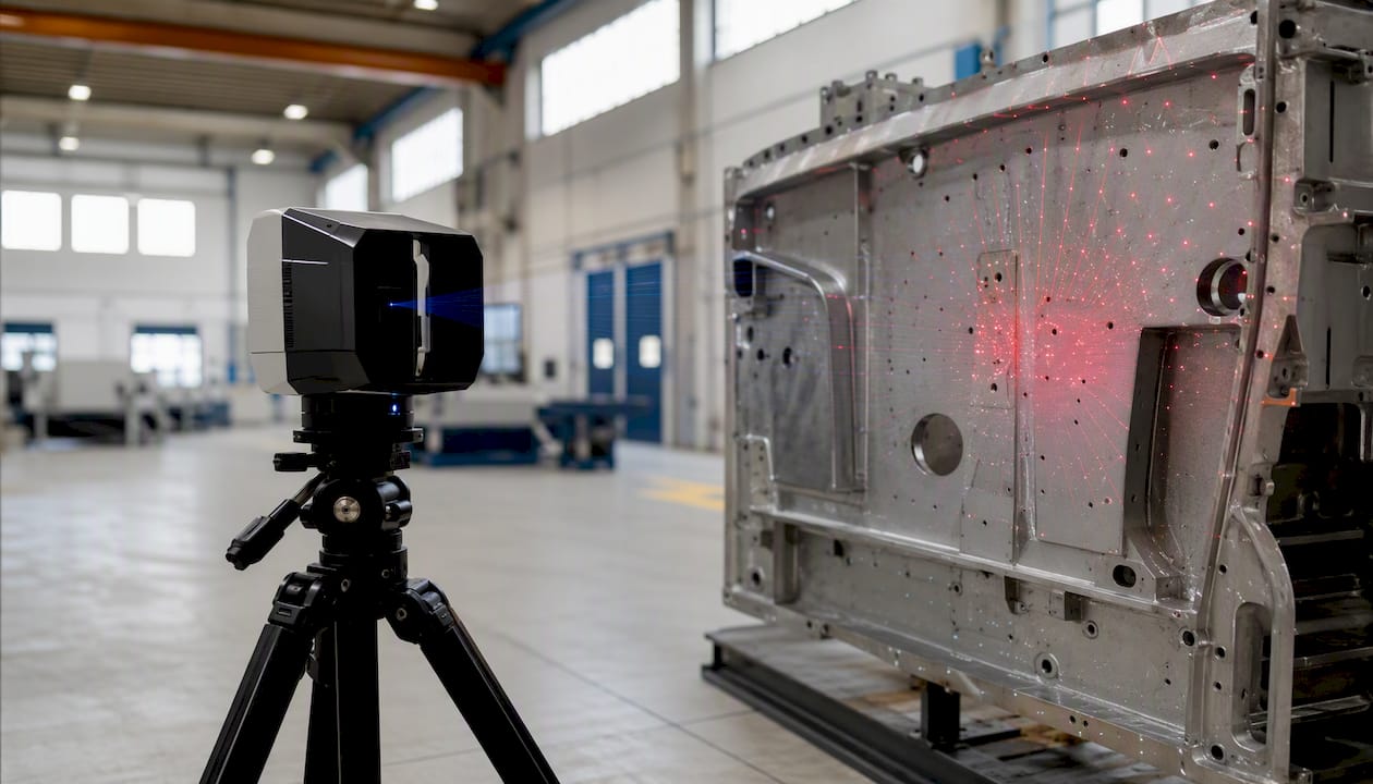 Laserskanner riktas mot stor metallkonstruktion