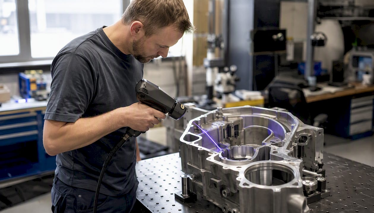 En tekniker undersöker en industridel med hjälp av avancerad scanningutrustning.