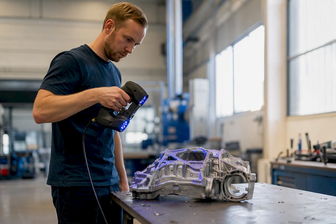 En tekniker skannar en metalldel med en handhållen 3D-skanner.