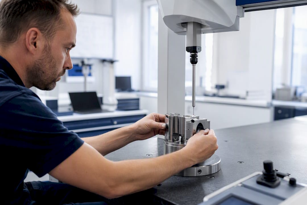 Tekniker placerar metalldel för inspektion