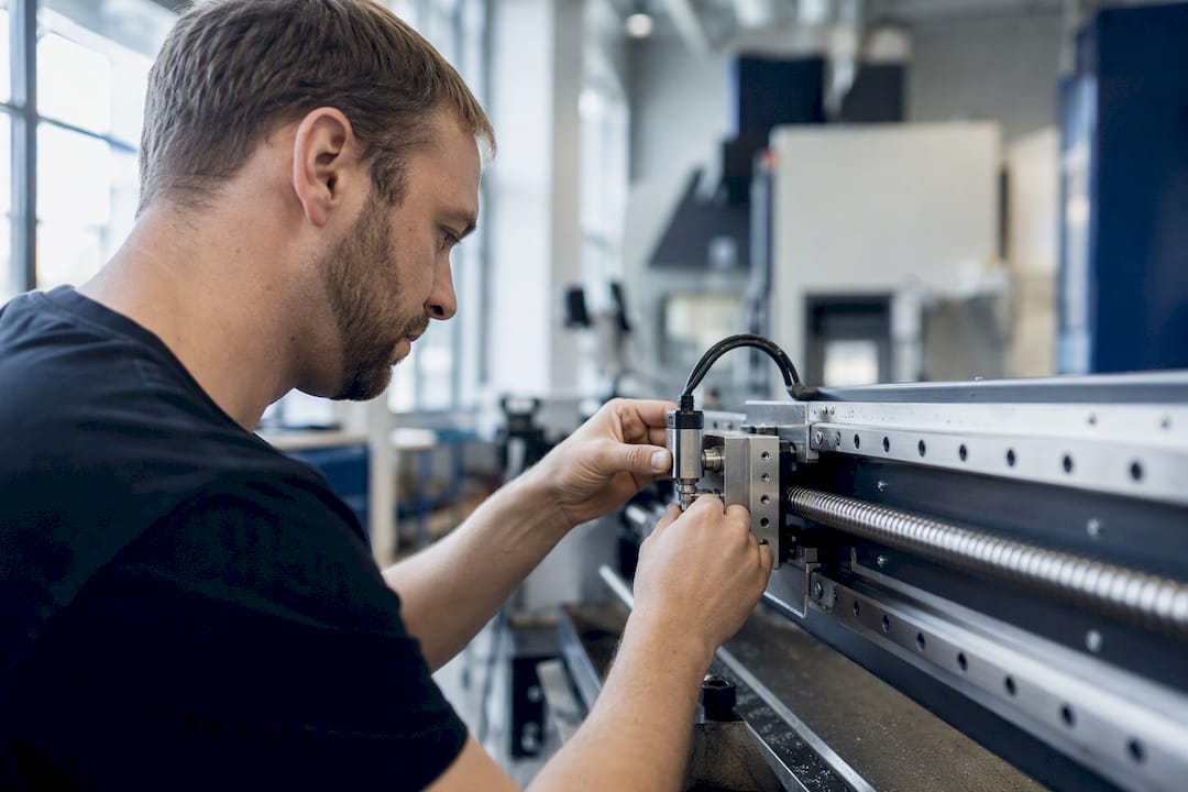 Tekniker justerar kalibreringssond på CNC-maskin