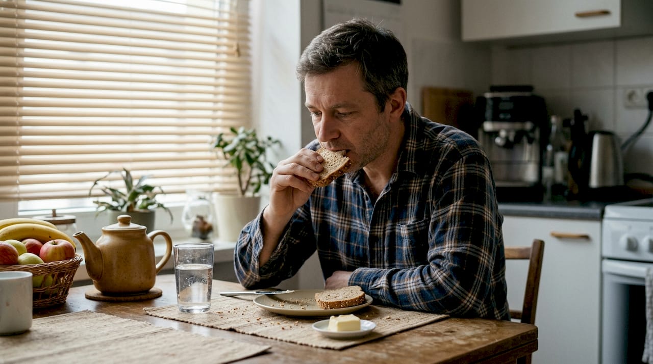 Un homme prend son repas tranquillement, installé à la table de la cuisine.