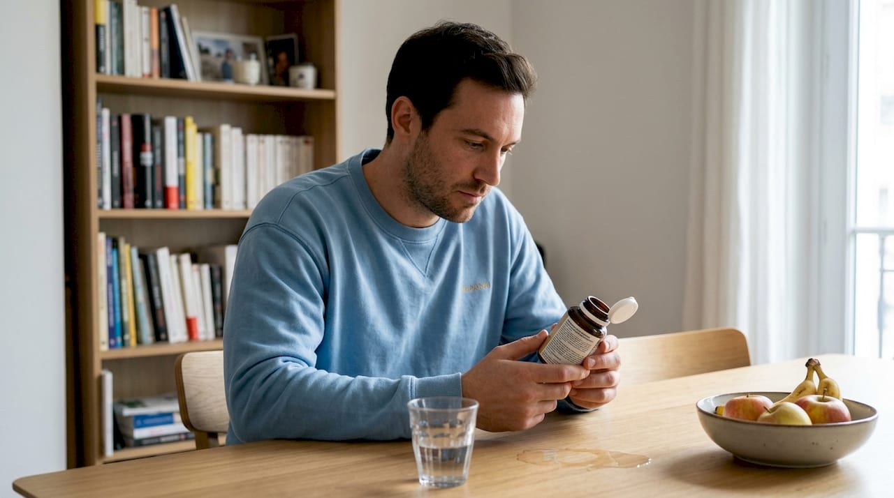 Un homme en train de lire attentivement la notice d’un complément alimentaire