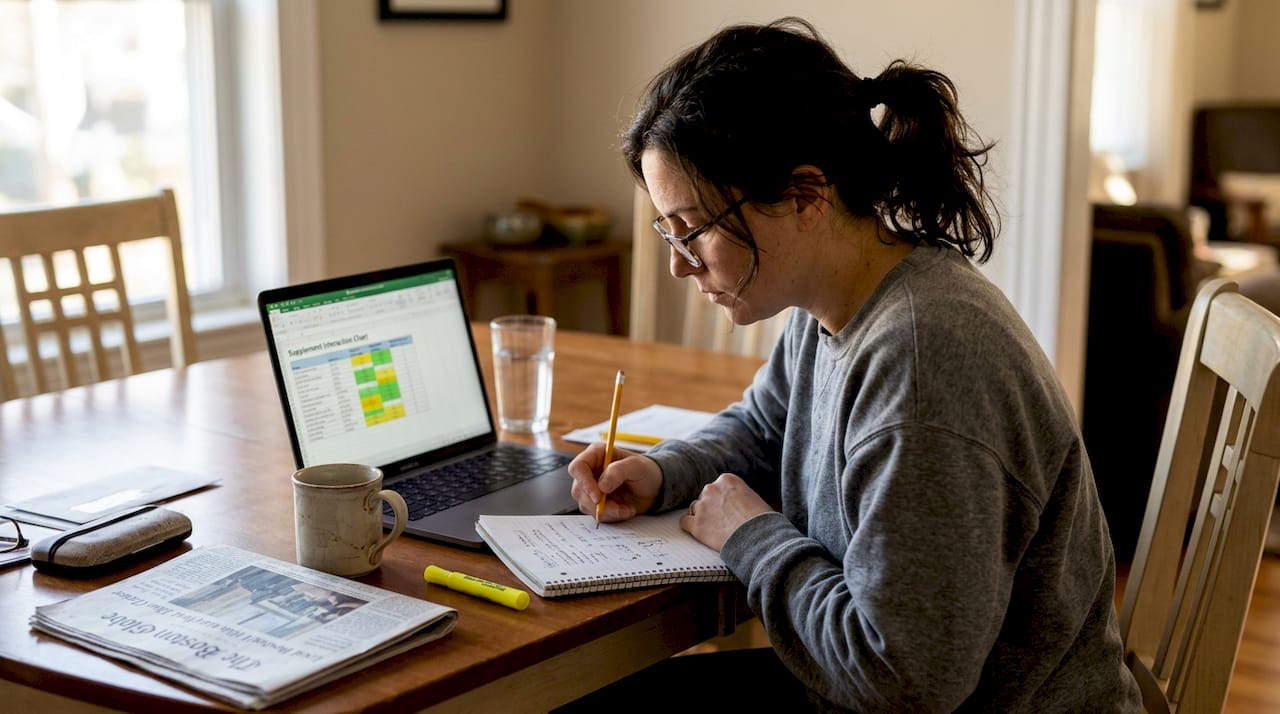 Woman researching supplement safety at table