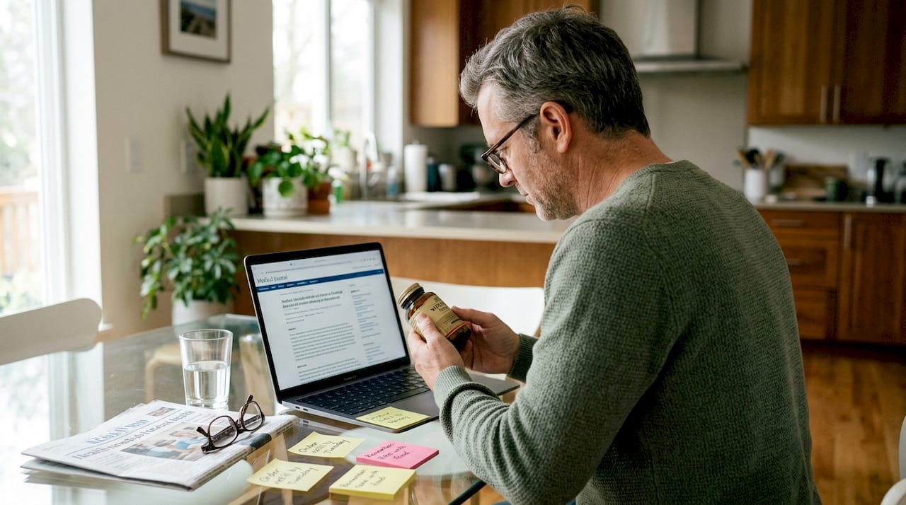 Man reading vitamin label at dining table
