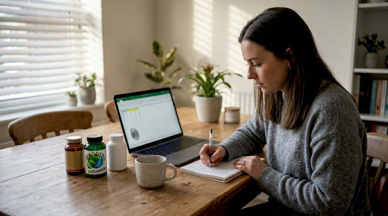 Woman comparing supplement bottles with laptop