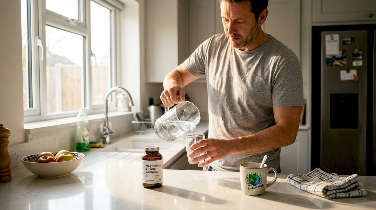 Man starting magnesium routine at kitchen counter