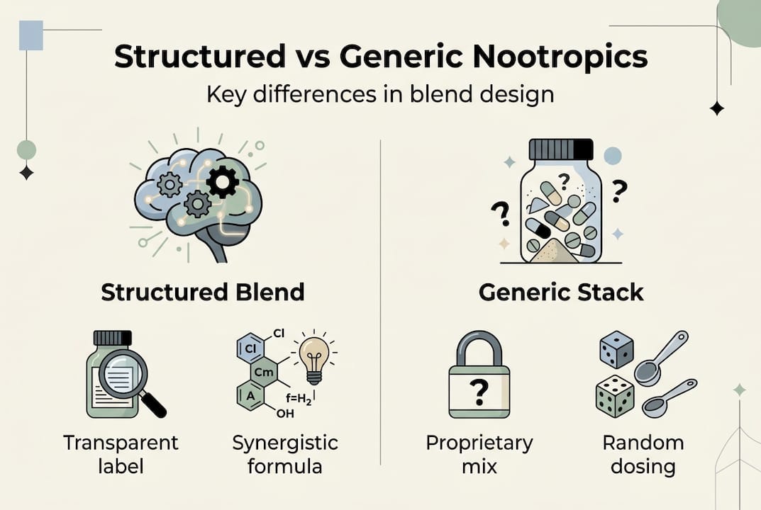 Infographic showing structured vs generic nootropics