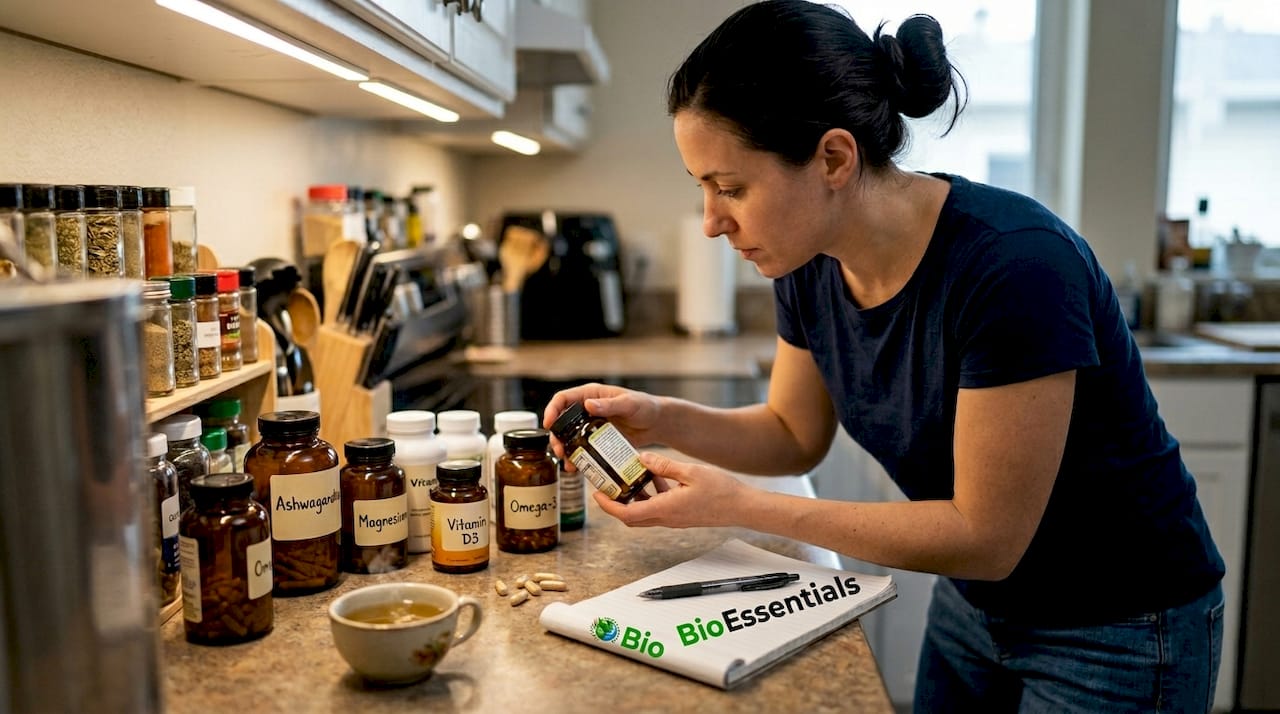 Formulator organizing supplement bottles at counter