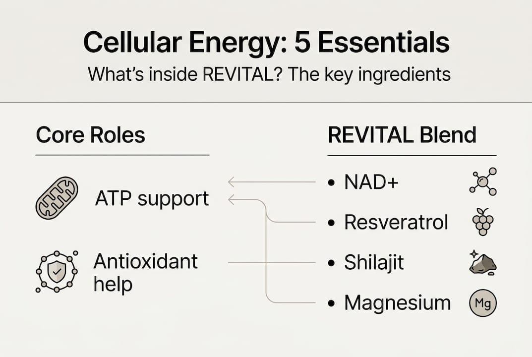 Infographic showing key ingredients and benefits of REVITAL