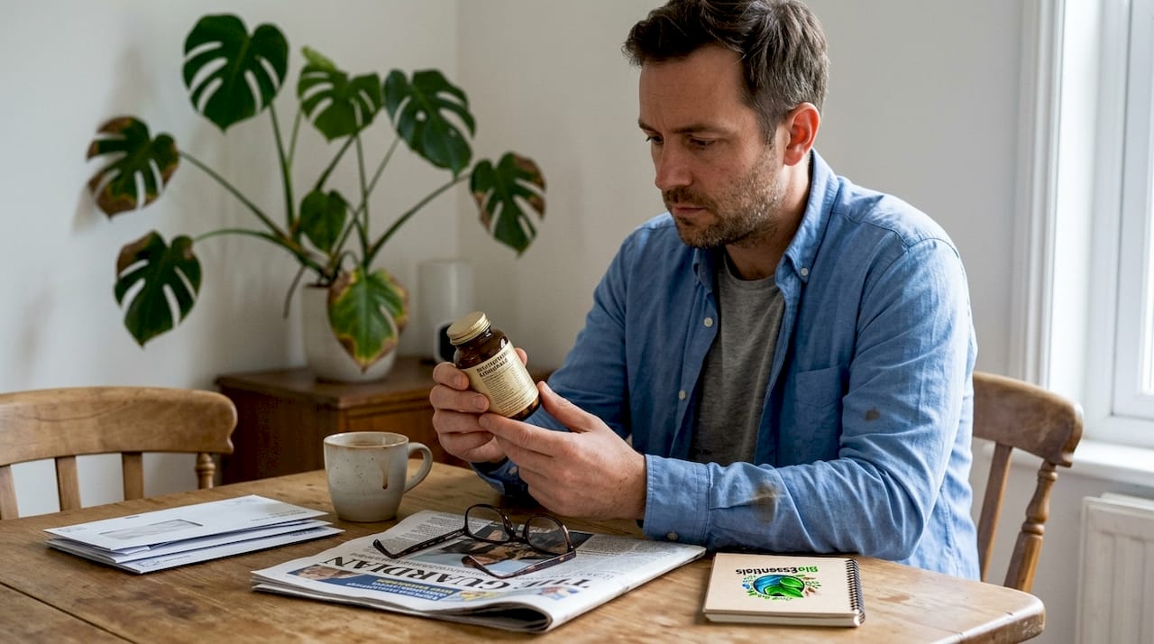 Man reading supplement bottle ingredient label