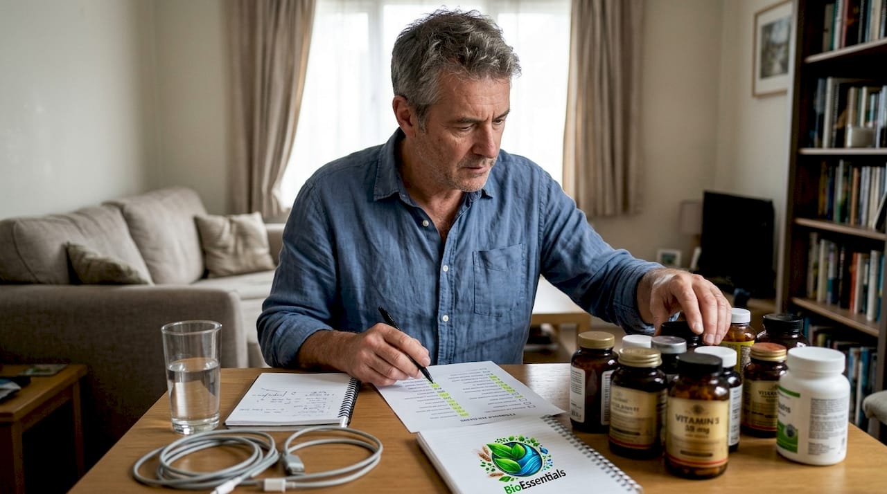 Man reviewing vitamins at cluttered desk