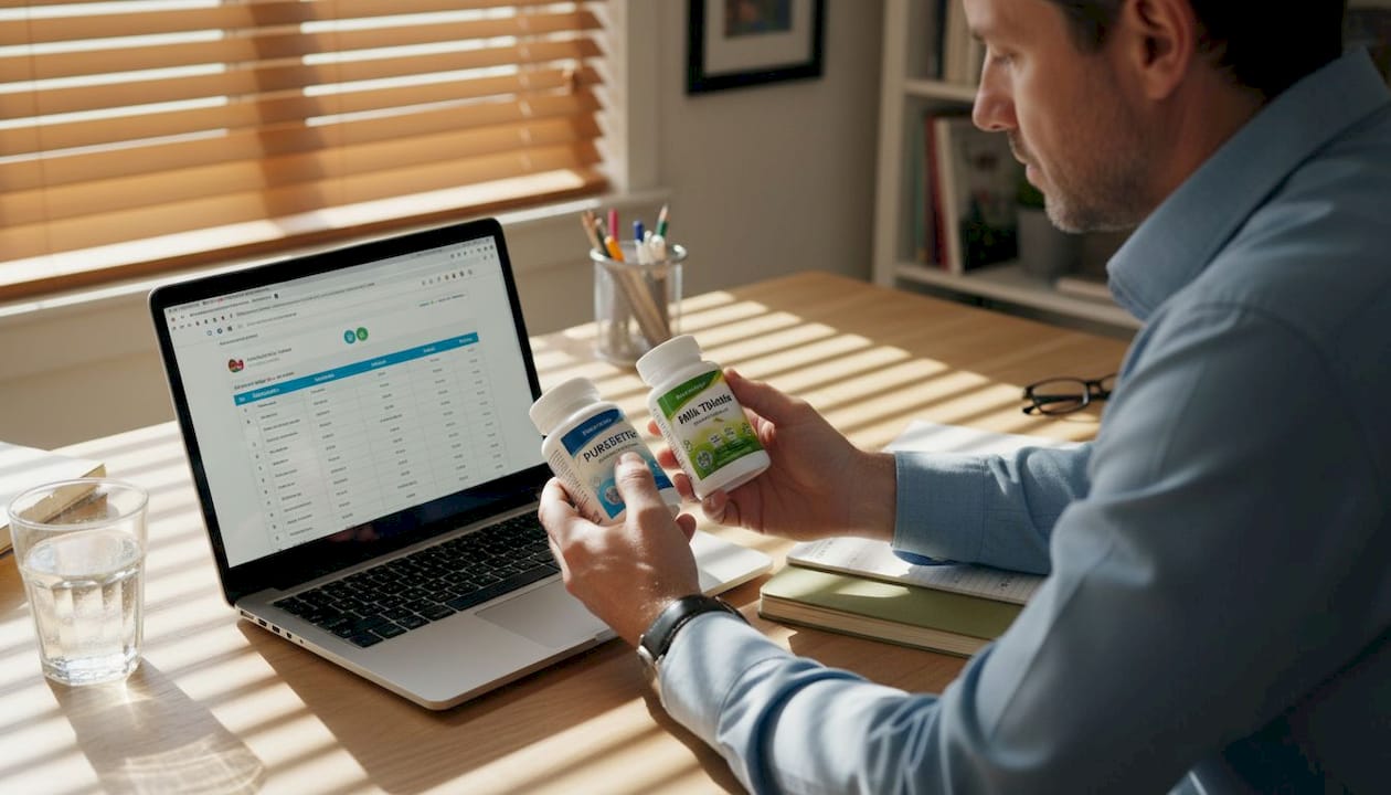 Man comparing supplement bottles at desk