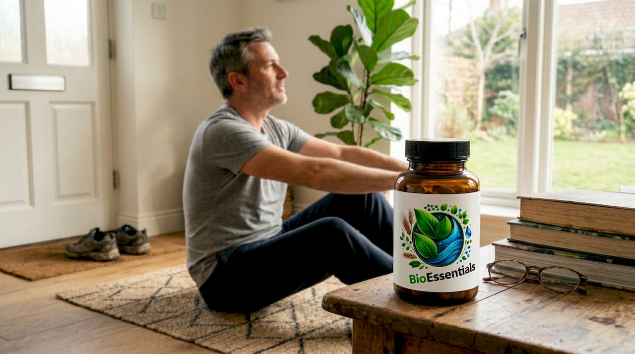 Man stretching in living room after walk supplements visible