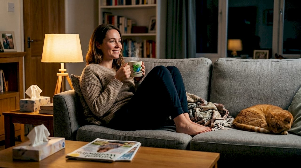 Woman relaxing with chamomile tea on sofa
