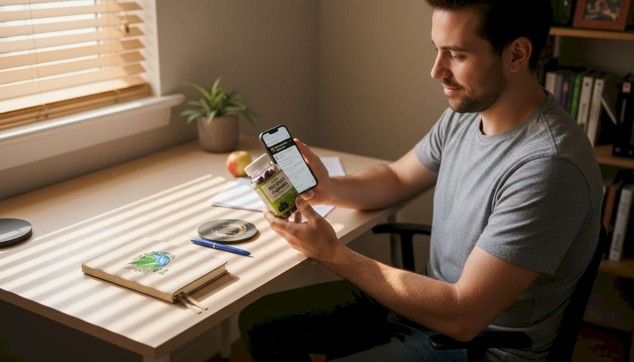 Man checking gummy supplement ingredients at desk