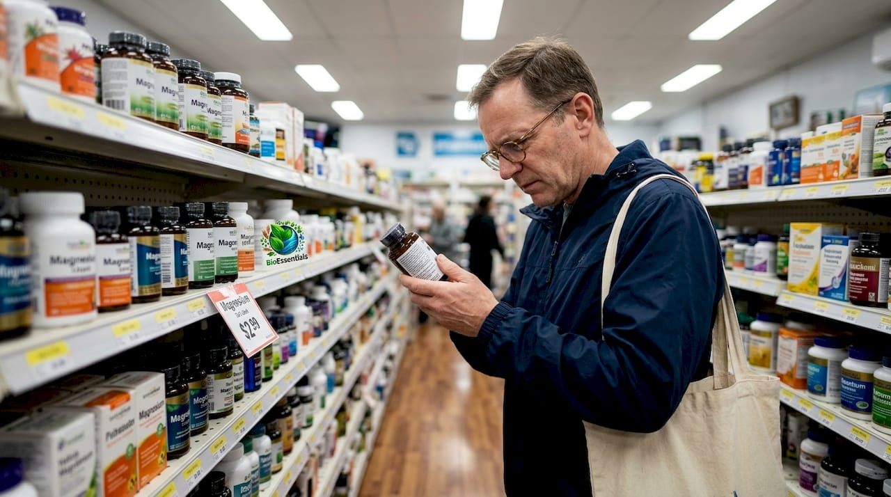 Man reading magnesium supplement ingredient list in pharmacy aisle