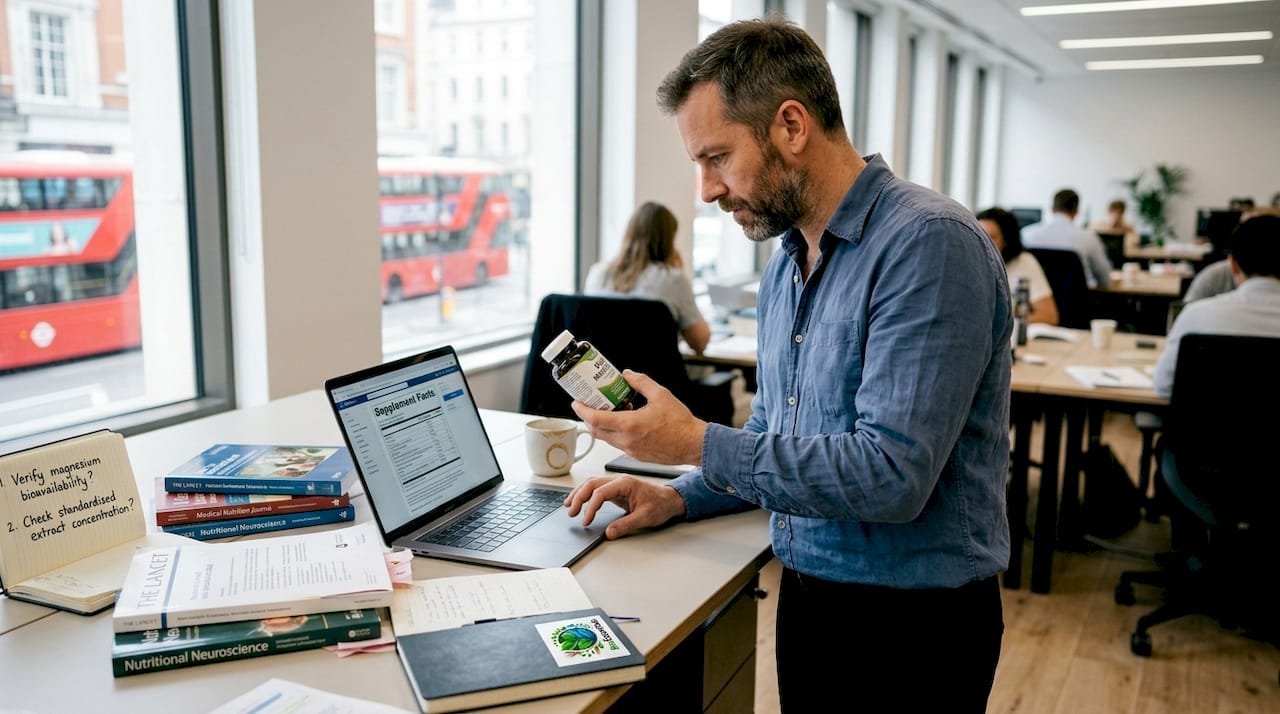 Man reviewing supplement evidence in workspace